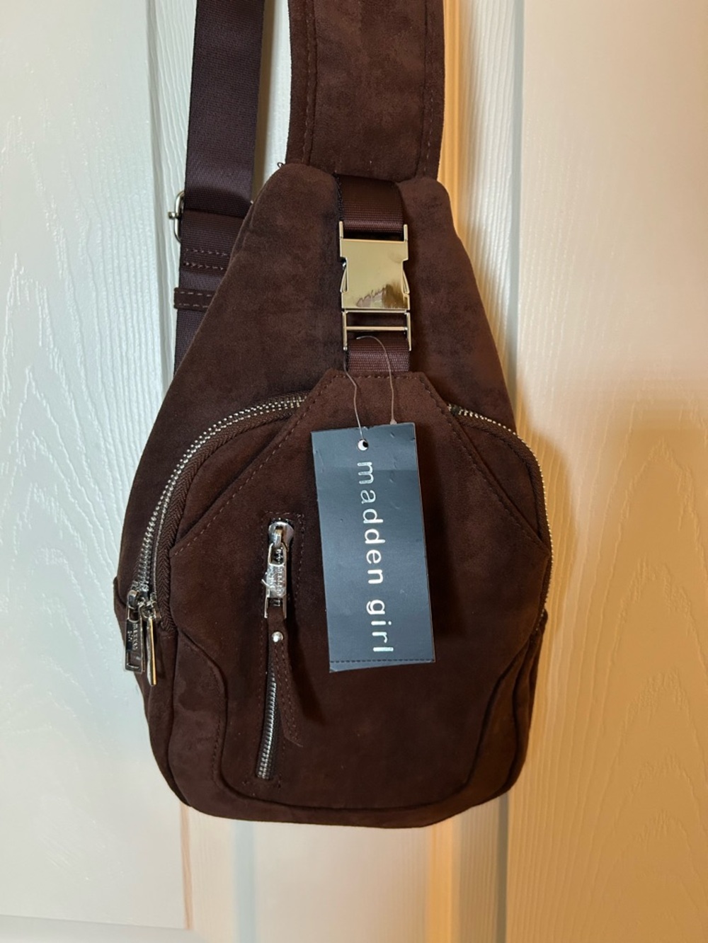 Madden Girl Brown Sling Crossbody Bag NWT Faux Suede Multi Zip